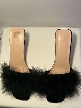 Black Faux-Fur Slide Heels - Women Size EUR 41- US 10